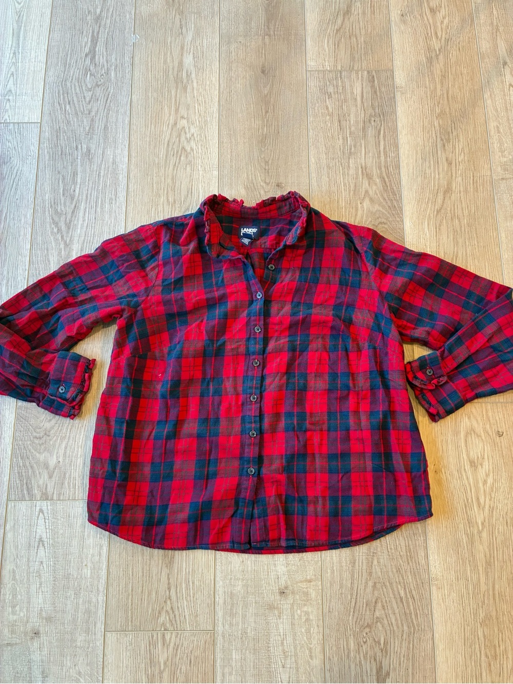 Lands' End Red and Blue Plaid Button-Front Ruffle mock neck cotton Shirt 1x